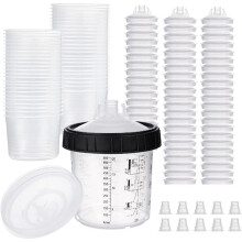 Paint Cups, Mixing & Paint Cup 20 Ounce (600ml) Kit 50 Cups and Lids System, 1 Hard Cup with Retainer Ring and 20 Plugs