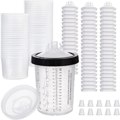 Paint Cup for HVLP and LVLP , 28 Ounce (800ml) Kit with 50 Cups and Lids System, 1 Hard Cup Retainer Ring and 20 Plugs