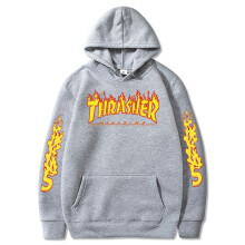 (Gray,XL)Plus Size Thrasher Flame Print Pullover Hoodie Casual Couple Sweatshirt Unisex