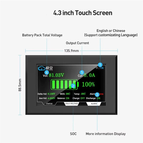 JIKONG JKBMS Lithium Battery Protection Board 4.3 Inch Touch Screen Display 2