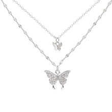 (Silver) Butterfly Layer Double Necklace Trendy Neck Chain For Women Versatile Korean Ins