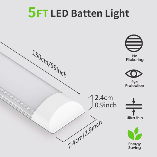 HUMIGA 5FT LED Batten Light, 50W Low Profile Wall Ceiling Surface Mounted Fitting 1