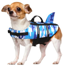 (Blue, L) Life Dog Jacket Pet Safety Swimming Camouflage Shark Float Buoyancy Adjustable