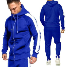(Blue, L) 2pcs Tracksuit Mens Set Zip Hooded Coat Bottoms Trousers Gym Suit Joggers Sport