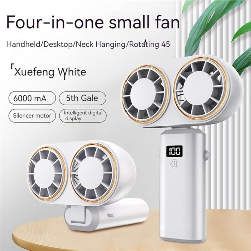 Draagbare Handventilator USB-Oplaadkoeler Dubbele Ventilator Digitaal Display Oplaadbare Batterij Wit 2