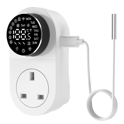 Digital WiFi Thermostat Plug Socket LCD Screen Temperature Controller with Waterproof Sensor Probe UK Plug