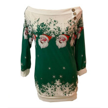 (Green, 4XL) Womens Ladies Christmas Jumper Tops Xmas Santa Claus Button Long Blouse Sleeve