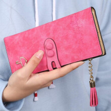(RoseRed) Women Leather Card Holder Long Trifold Wallet Clutch Checkbook Tassel Purse