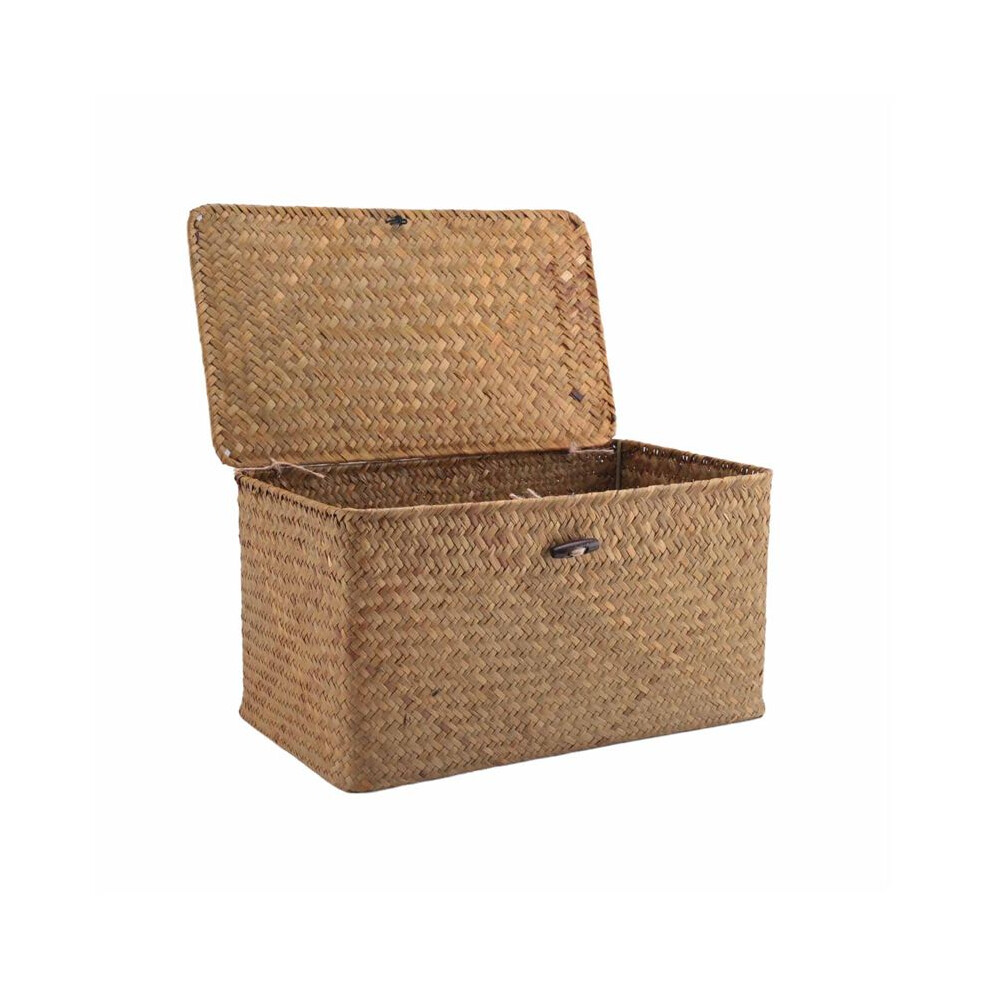Semoic Handmade Straw Woven Storage Basket With Lid Makeup Organizer Storage Box Seagrass Laundry Baskets Rattan Jewelry Box(M)