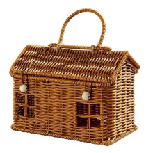 Imitation Rattan House Shaped Basket with Lid, Decorative Hand Woven Shelf Organizer with Folding Handle