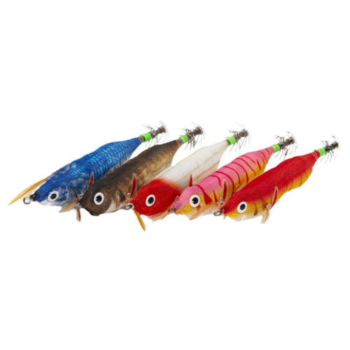 5 Stück 10 cm Holz Garnelen Angelköder Blinkender Wobbler Haken Jig Kunstköder Jigging Köder Oktopus Köder 2