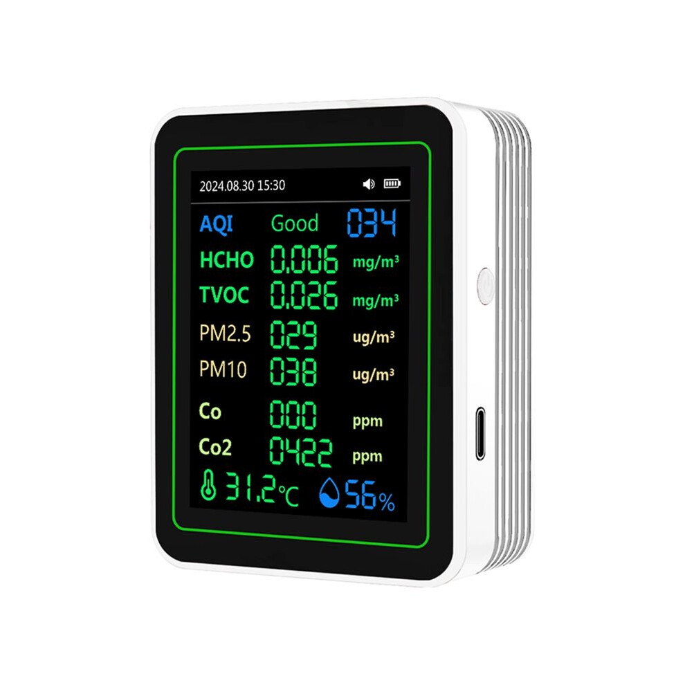 Air Quality Detector 12 In 1 Air Quality Tester Temperature/Humidity //Co/Co2/Curve/Tvoc/Aqi/Pm2.5/Pm10 White 4711947106514