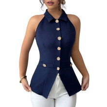 Women'S Halter Neck Vest with Lapel Collar and Button Down Design for Business Casual Wear Deep M