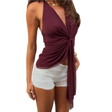 Women Sheer Mesh Halter Top Deep V Neck Split Hem Y2k Tank Tops Tie Back Sleeveless Flowy Camis Shirt Wine Red M