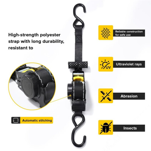 2Pcs Retractable Ratchet Tie Down Straps - 680kg Guaranteed Max Break Strength,Use for Boat, Securing Cargo 1
