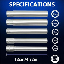 7-Teiliger Metrischer Steckschlüsselsatz, 3/8-Zoll-Antrieb, 12-Kant, 8-10-12-13-14 mm mit 1/2- und 3/8-Zoll-Adapter - Extra Lang und Tief, 120 mm