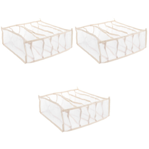 3Pcs Beige Socks Storage Box Underwear Organizer Multiple Grids 2