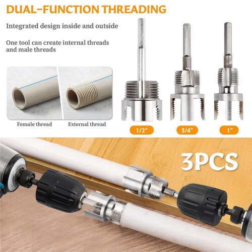 3 Pcs Integrated Internal & External Pipe Threading Tool Dual-Function Pipe Thread Cutting Tool for 1/2" & 3/4"& 1" PVC 1