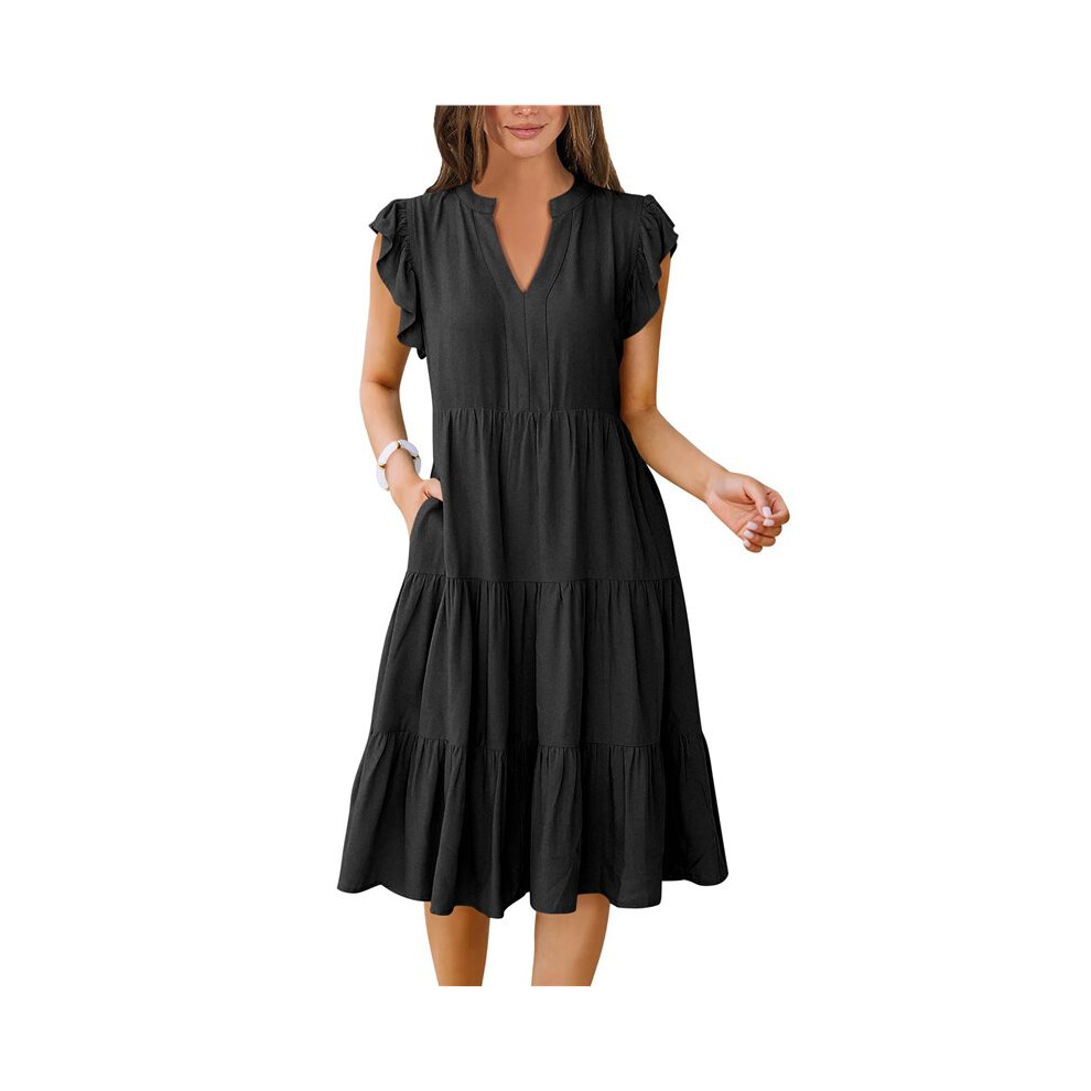 Vestito Estivo Da Donna Con Maniche A Volant, Scollo A V, Midi, Alla Moda, Casual, A Strati, Stile Boho, Per Le Vacanze In Spiaggia Nero L