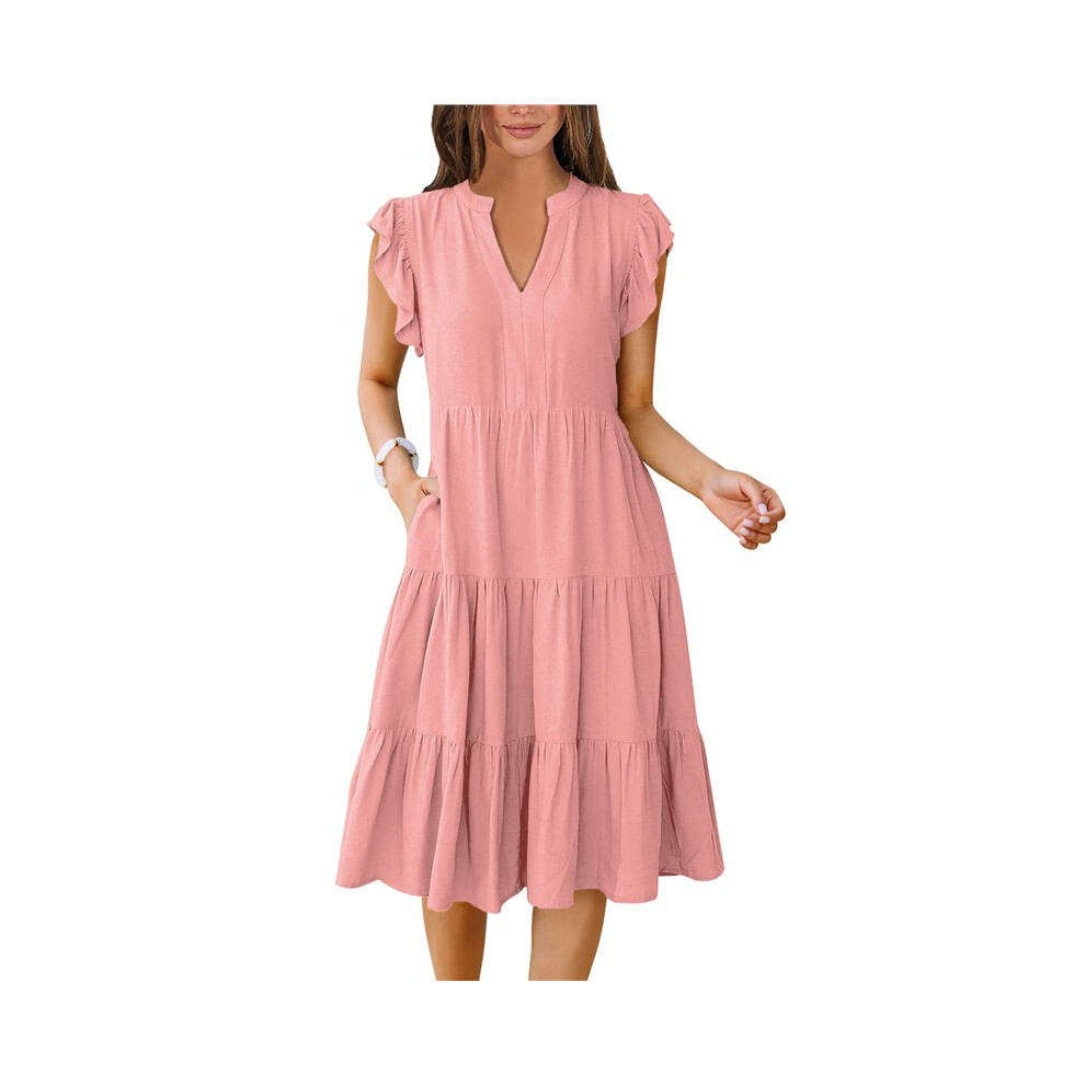 Vestito Estivo Da Donna Con Maniche A Volant, Scollo A V, Midi, Alla Moda, Casual, A Strati, Stile Boho, Per Le Vacanze In Spiaggia Rosa Xl-image