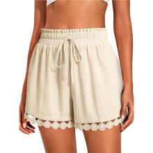 Shorts Femininos de Verão, Casuais, Folgados, com Cintura Elástica, Cordão e Renda, Estilo Boho, para Usar Como Saída de Praia Cor de Damasco M