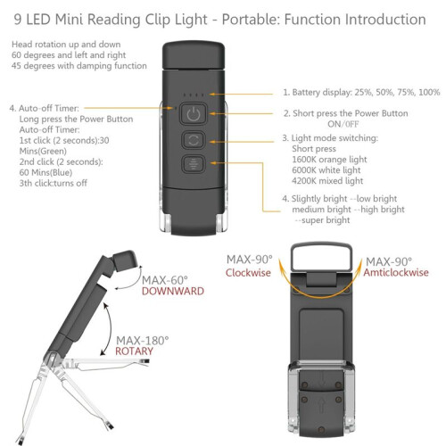 Book Light with Timer USB Rechargeable Reading Light Clip- Read Lamp Bookmark Night Light Book Lamp 5 Brightness-Black 1
