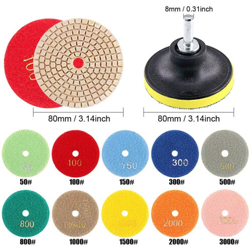 11 Peças 3 Polegadas Wet Diamond Polishing Pads Set 50 A 3000 Grit Hook e Loop Backing Lixamento para Granito Concreto Mármore 2