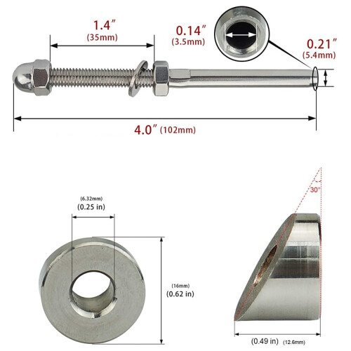 20 Pairs 1/8 inch Cable Railing Kits 30 Degree Beveled Washer Threaded Stud Tension End Fitting Terminal for Decking 1