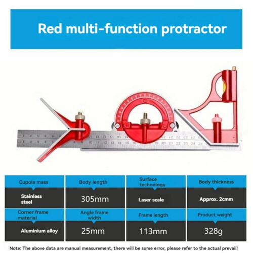 3 in 1 300mm Square Right Angle Ruler Measuring Ruler Multi Combination Protractor Tools Woodworking Tools Red 1