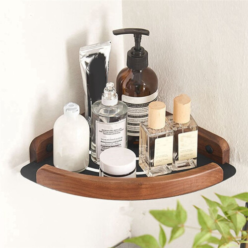Walnut Wood Bathroom Shelves Wall Mounted Shower Corner Storage Shelf Kitchen Organizer Rack 2