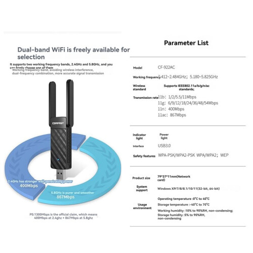 COMFAST Dual-Band WiFi Adapter USB3.0 AC1300 Wireless Network Card WiFi Receiver No Driver Needed for PC 2