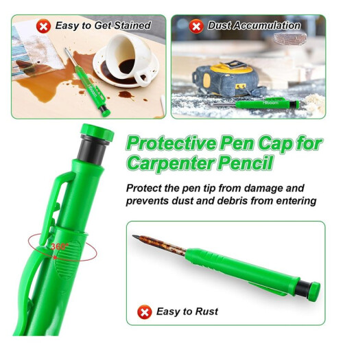 4 Pcs Solid Carpenter Pencil Caps with 24 Refills,Marking Scribe Tools Pencil Protective Cap for Construction,Architect