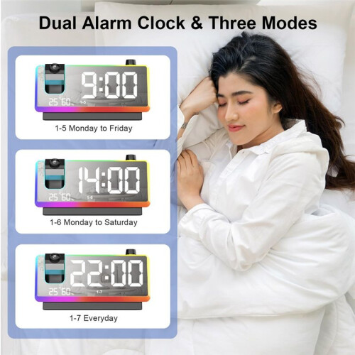 Despertador com Projeção para Quarto com Luz Noturna RGB,  Display LED de 7 Polegadas, Alarmes Duplos, Temperatura e Umidade, Função Soneca A 2