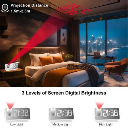 Despertador com Projeção para Quarto com Luz Noturna RGB,  Display LED de 7 Polegadas, Alarmes Duplos, Temperatura e Umidade, Função Soneca B 2