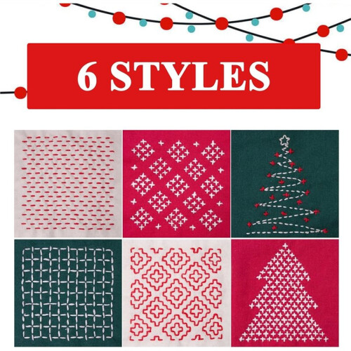 Merry Christmas KitSashiko Thread, Water Soluble Patterns Embroidery Kit for Beginners, Thimble Fabric, Hand Quilting 1