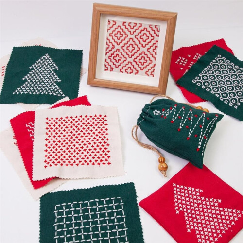 Merry Christmas KitSashiko Thread, Water Soluble Patterns Embroidery Kit for Beginners, Thimble Fabric, Hand Quilting 2