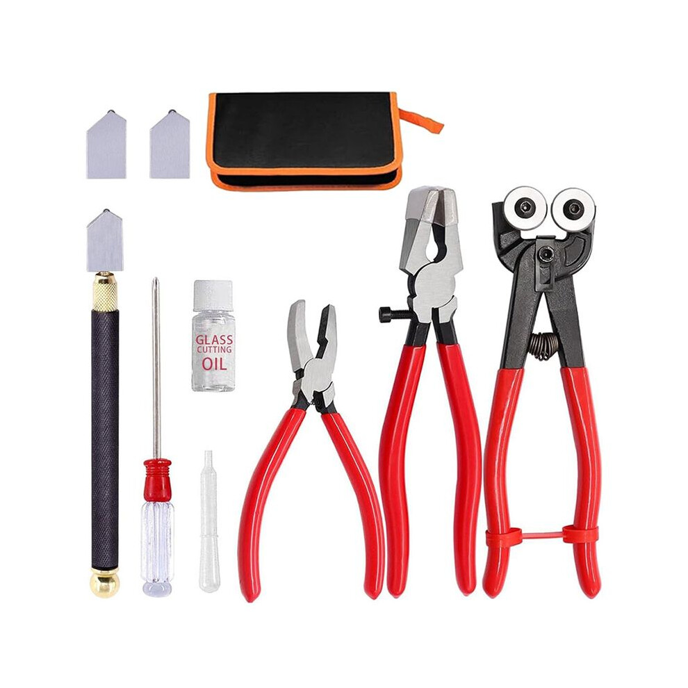 Glass Cutting Tool Set Kit, Wheeled Glass Tile Nippers Glass Running Pliers Breaking Pliers Oil Feed Glass Cutter Set 4712669712526