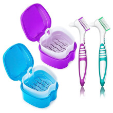 Denture Bath Case with Strainer, Compact False Teeth Storage Box, Hygienic Denture Soaking Cup with 2 Brushes