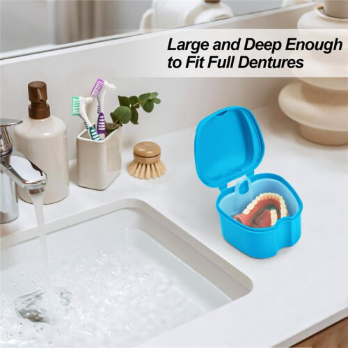 Denture Bath Case with Strainer, Compact False Teeth Storage Box, Hygienic Denture Soaking Cup with 2 Brushes 1