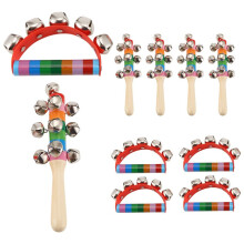 10 Pcs Hand Bells Rainbow Handle Sleigh Bells Handhold Wooden Bells Jingle Stick Shaker Rattle Musical Instrument School