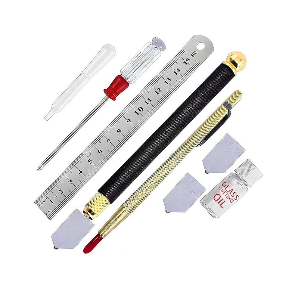 Glass Cutting Kit With Ruler, Oil Bottle, Scoring Tools, 3-14Mm,Glass Cutting Tool Wite Carbide Tip Scriber,Steel Ruler 6031119671564