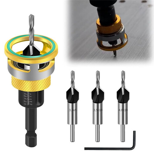 6-Piece Countersink Drill Bit Set, Pre-Drilling and Countersinking in One Step, with Depth Stop, 1/4 Inch Hex Shank 1