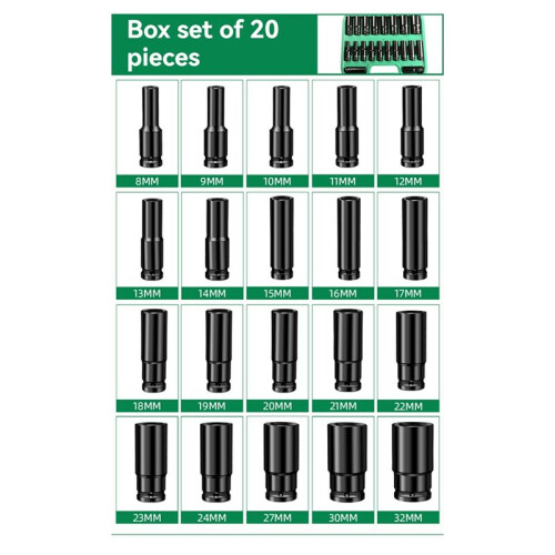 20PCS 1/2Inch Drive Socket Set Metric Deep Socket Set 6 Point Hex Design Impact Socket Set with Portable Storage Case
