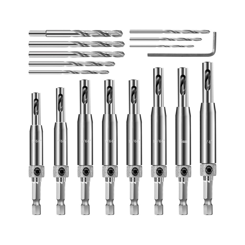 17Pcs Self Centering Drill Bit Set For Hinges- 1/4" Hex Shank Vix Bits Self Centering Drill Bit Set For Woodworking Door 4712039517980