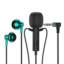 3.5mm in-Ear Lavalier Microphone with Earphone Clip Mic for Karaoke Live Broadcast Online Class Gaming Black Green