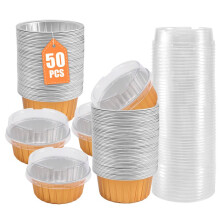 Copos de Sobremesa com Tampas, 50 Pacotes de Suportes de Copos de Folha de AlumíNio Dourado, Utilidade para Cupcakes Ramekin Copos de Pudim