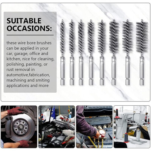 8Pcs Wire Brush Drill Bit Set with 1/4 Inch Hexagon Shank Steel Wire Twisting Brush,Suitable for Drilling Percussion A 1