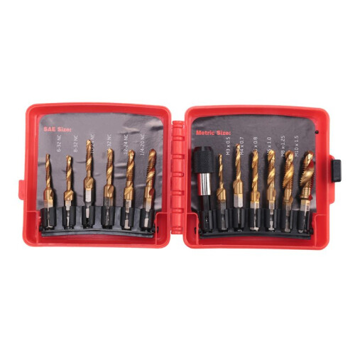 Titanium Combination Drill Tap Bit Set 13PCS SAE and Metric Tap Bits Kit for Screw Thread Drilling Tapping Deburring
