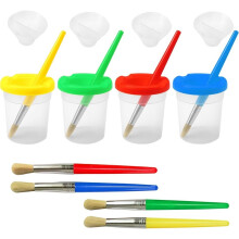 4 Pcs Spill Proof Paint Cups and 4 Color Hog Bristle Paint Brushes with Handles for Kids