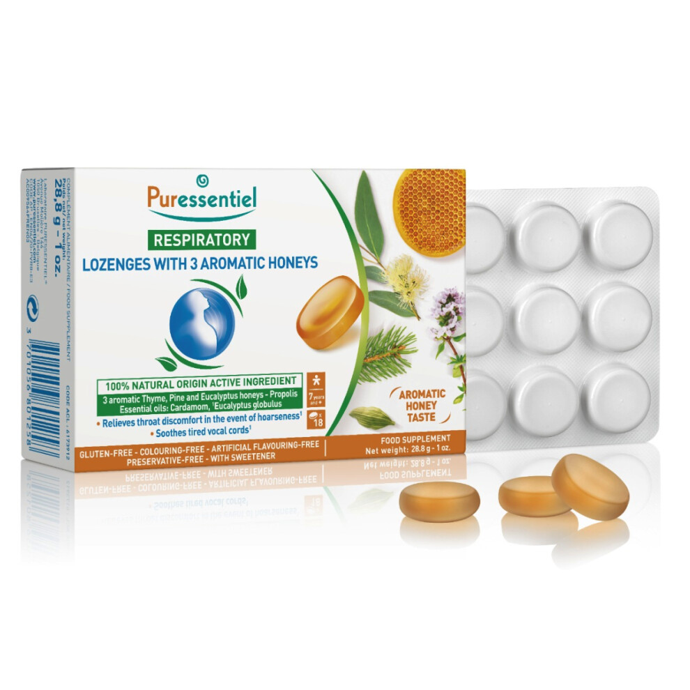 Puressentiel Respiratory Pastilles with 3 Aromatic Honeys 18 's - 3 Aromatic Honeys for Throat & Respiratory Comfort